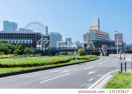 Minato Mirai roads and Ferris wheel, urban and resort cityscape, Yokohama Bay Area cityscape 132383627