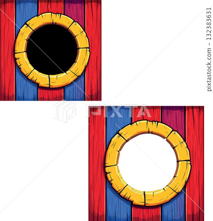Vsai colorful wooden wall with round hole showing a black and white background Vsai colorful wooden wall with round hole showing a black and white background 132383631