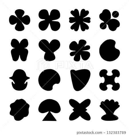 Collection of abstract black shapes resembling nature and animals on a white background for design inspiration 132383789