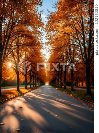 Golden Autumn Avenue with Sunlit Long Shadows 132383839
