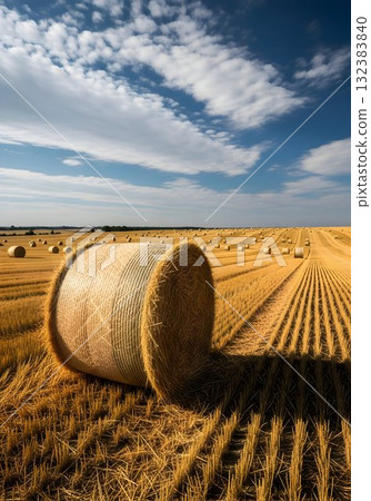 Giant Hay Bale on Striped Harvest Field Giant Hay Bale on Striped Harvest Field 132383840
