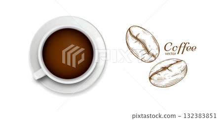 Cup of coffee on a white background. Coffee beans. Drink. Vector illustration . 132383851