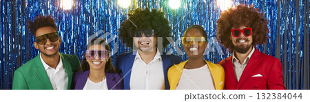 Portrait of five funny male and female retro disco party people on shiny foil background. Portrait of five funny male and female retro disco party people on shiny foil background. 132384044