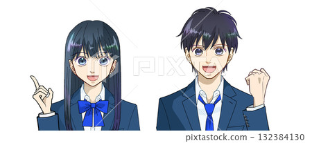 快樂、理解、靈感、明亮表達的高中或初中學生男孩和女孩動漫風格插圖，白色背景 132384130