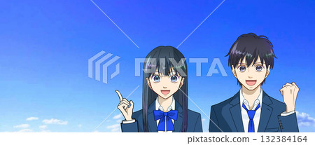 一幅動漫風格的插圖，描繪了一對男女高中生或初中生，背景是廣闊的藍天，左側有空白 132384164