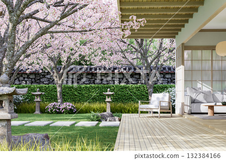 Japanese minimalist house exterior balcony with cherry blossom garden view 3D render 132384166