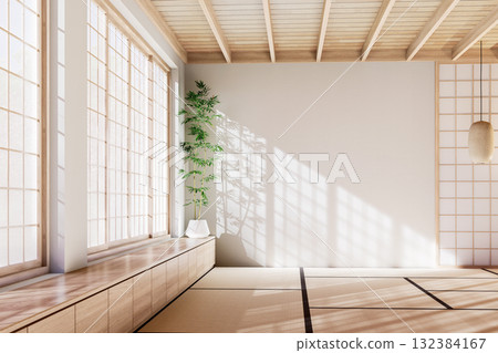 Japanese minimalist empty room interior with shoji sliding doors and soft sunlight on tatami floor, 3D render 132384167