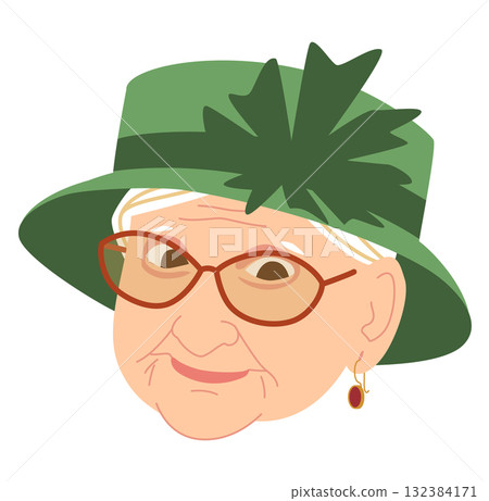 Portrait of a grandmother in a green hat on a transparent background 132384171