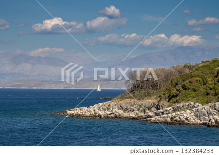 Ionian sea in Syki Bay, Corfu (Korfu), Greece 132384233