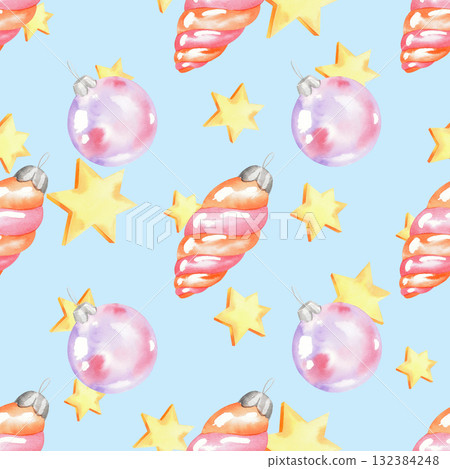 Seamless pattern of stars, christmas tree toy glass ball and cones on a blue background. For fabric, wallpaper, packing paper, greeting cards, design, decoration and illustration. Seamless pattern of stars, christmas tree toy glass ball and cones on a blue background. For fabric, wallpaper, packing paper, greeting cards, design, decoration and illustration. 132384248