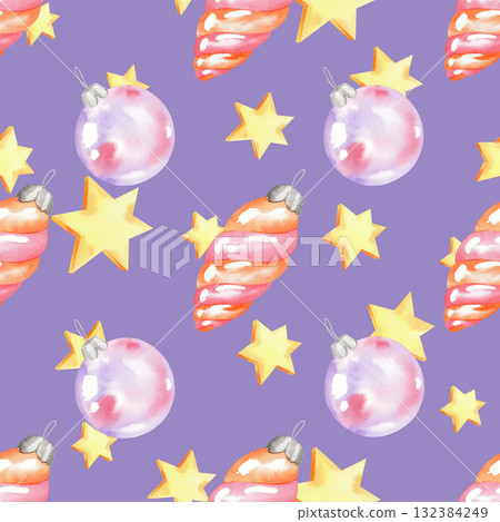 Seamless pattern of stars, christmas tree toy glass ball and cones on a violet background. For fabric, wallpaper, packing paper, greeting cards, design, decoration and illustration. 132384249