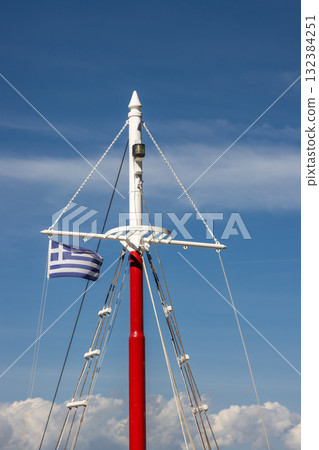 Boat mast with greek flag, Corfu (Korfu), Greece 132384251