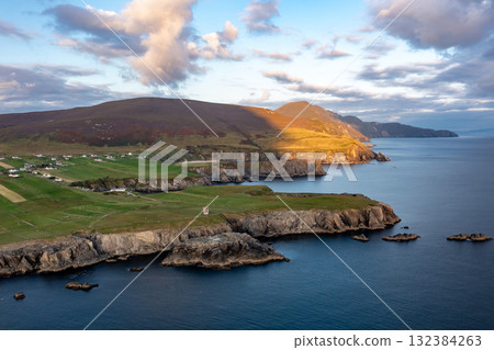 Aerial view of the coast at Malin Beg at the Napoleonic Signal Tower - County Donegal, Ireland 132384263