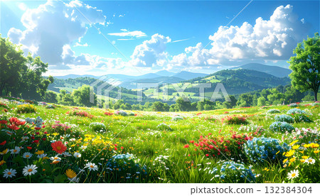 A landscape illustration of a vast grassland with colorful flowers blooming on gentle hills under a blue sky. A landscape illustration of a vast grassland with colorful flowers blooming on gentle hills under a blue sky. 132384304