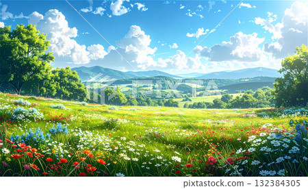 An illustration of a majestic landscape with flower fields spreading across a summer plateau, blue skies, and mountains in the distance. 132384305