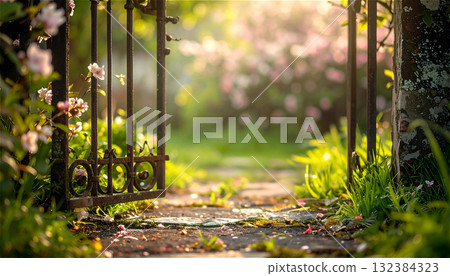Open old iron gate leading to a spring garden with beautiful bokeh and cherry blossoms in the background. Open old iron gate leading to a spring garden with beautiful bokeh and cherry blossoms in the background. 132384323