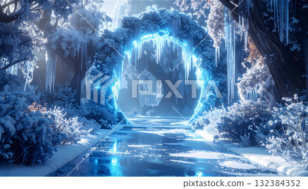 雪景中，閃耀著藍光的大門和懸掛的冰柱，零度以下的森林中呈現出一幅夢幻般的冬日景象。 132384352