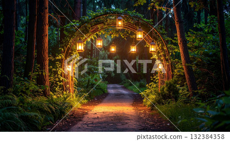 夜晚,燈籠輕輕地照亮了森林小徑,照亮了纏繞著常春藤的拱門。 夜晚,燈籠輕輕地照亮了森林小徑,照亮了纏繞著常春藤的拱門。 132384358