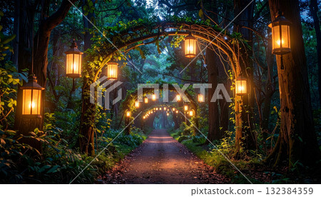 夜晚的森林在燈籠的照耀下顯得格外美麗，一條小路延伸至爬滿常春藤的拱門。 132384359