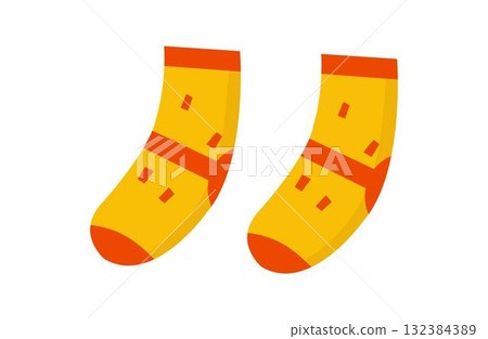 Yellow socks with orange dots and lines isolated Yellow socks with orange dots and lines isolated 132384389