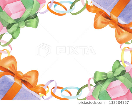 Restangular frame of paper garland and gift box. Watercolor illustration. For fabric, wallpaper, packing paper, greeting cards, design, decoration and illustration. Restangular frame of paper garland and gift box. Watercolor illustration. For fabric, wallpaper, packing paper, greeting cards, design, decoration and illustration. 132384567