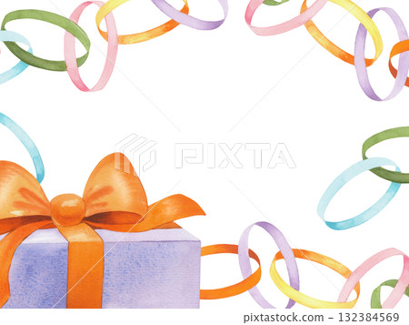 Restangular frame of paper garland and gift box. Watercolor illustration. For fabric, wallpaper, packing paper, greeting cards, design, decoration and illustration. 132384569