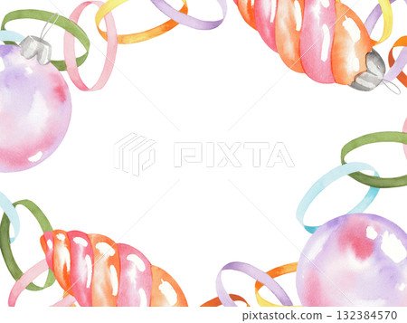 Restangular frame of paper garland, stars and christmas tree toys. Watercolor illustration. For fabric, wallpaper, packing paper, greeting cards, design, decoration and illustration. 132384570