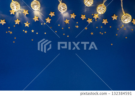 Silver Disco Ball String Lights on Blue Background Silver Disco Ball String Lights on Blue Background 132384591