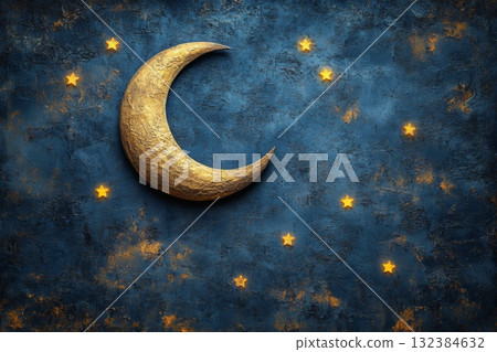 Golden Crescent Moon With Stars On Deep Blue - Stock Illustration ...