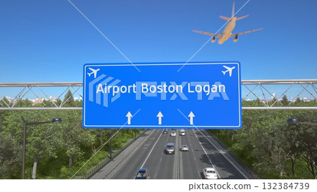 Blue motorway sign for Boston Logan Airport with an airliner flying above along the road toward the airport. 3D rendering 132384739