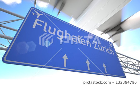 Highway direction sign for Zurich Airport with aircraft climbing above motorway, departing from Zurich, Switzerland. 3D rendering 132384786