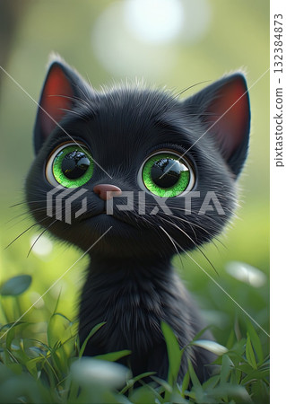 black kitten with vibrant green eyes gazing curiously from lush green grass in bokeh background 132384873