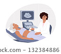 Female doctor is performing an ultrasound scan to examine the internal organs of an elderly female patient. 132384886