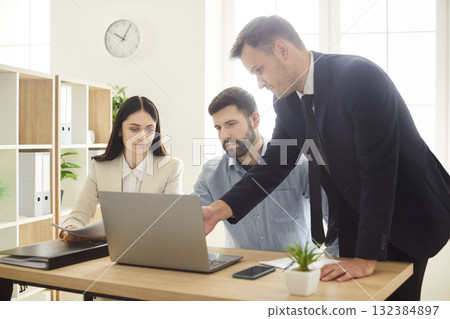 Company employees talking with colleagues on workplace in office looking at laptop monitor screen. 132384897