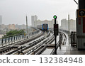 The train approached the platform to take up passengers in rainstorm. 132384948