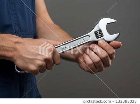 Mechanic holding a large adjustable wrench in his hands. Close-up of a worker with a metal spanner tool. Repair, maintenance and skilled labor concept Mechanic holding a large adjustable wrench in his hands. Close-up of a worker with a metal spanner tool. Repair, maintenance and skilled labor concept 132385025