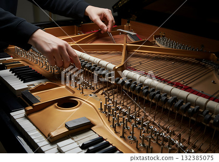 A piano tuner working on the internal mechanism of a grand piano. Close-up of a craftsman adjusting the strings. Musical instrument maintenance and repair 132385075
