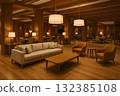 A classic hotel lobby with harmonious wooden beams and lighting 132385108
