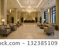 A magnificent hotel lobby with a sparkling chandelier 132385109