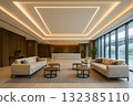 A modern hotel lobby with striking LED lighting 132385110