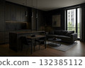 A modern kitchen-living room unified in dark tones 132385112