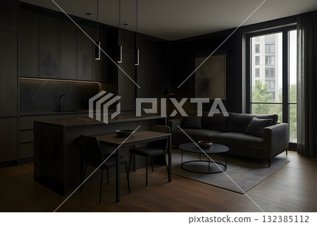 現代廚房客廳統一採用深色調 132385112