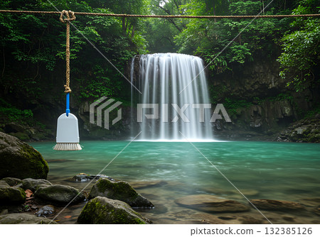 Surreal concept of a cleaning brush hanging over a pristine waterfall. Juxtaposition of a man-made object in a lush green forest. Creative environmental and humor concept Surreal concept of a cleaning brush hanging over a pristine waterfall. Juxtaposition of a man-made object in a lush green forest. Creative environmental and humor concept 132385126