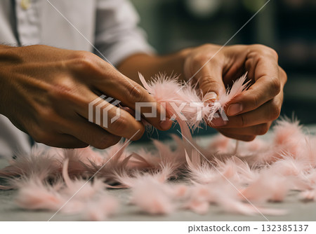 Artisan hands carefully sorting soft pink feathers for a craft project. Close-up on the delicate texture and process of handmade creation Artisan hands carefully sorting soft pink feathers for a craft project. Close-up on the delicate texture and process of handmade creation 132385137