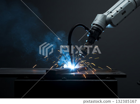 Industrial robot arm welding metal with bright sparks and smoke. Automated manufacturing process in a factory. Modern technology and industry 4.0 concept 132385167