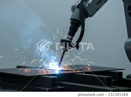 A robotic arm performs automated welding on a metal plate in a factory. Industrial manufacturing with bright sparks and smoke. Modern technology and automation concept 132385168