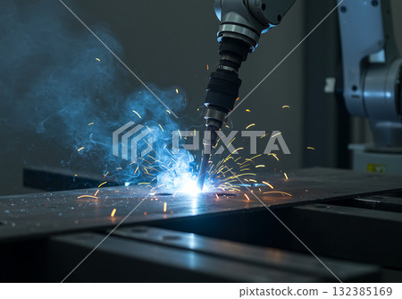 Industrial robot arm welding metal with bright sparks in a factory. Automated manufacturing process and modern industry 4.0 technology Industrial robot arm welding metal with bright sparks in a factory. Automated manufacturing process and modern industry 4.0 technology 132385169