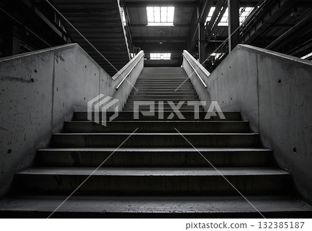 Concrete staircase leading up in an industrial building. Black and white photo of brutalist architecture with dramatic light and shadow 132385187