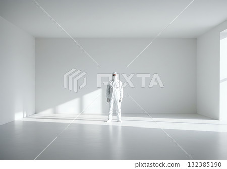 A person in a protective hazmat suit stands alone in a vast, sterile white room. Futuristic science, healthcare, and isolation concept with copy space 132385190