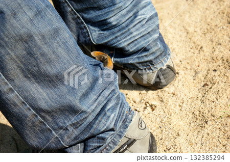 meadow brown butterfly on man leg jeans flying meadow brown butterfly on man leg jeans flying 132385294